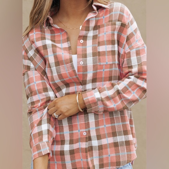RESTOCKED Lightweight Spring Plaid Top, button down, pink/brown color pattern - Picture 7 of 15